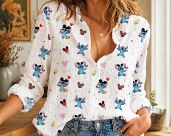 Disney Stitch Leinen Button Down Shirt, Kundenspezifische Lilo und Stitch Sommerbluse, Ohana Familien Reise Bekleidung, Urlaub Unisex Top 2026