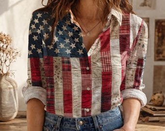 Vintage USA Flag Women's Button Down Shirt, Patriotic American Flag Blouse, Retro 4th of July Outfit, Summer Independence Day Party Top