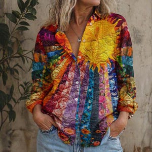 Boho Sun Patchwork Linen Shirt, Quilted Look Colorful Button Down Blouse for Women, Artistic Hippie Clothing, Retro Sunburst Summer Top