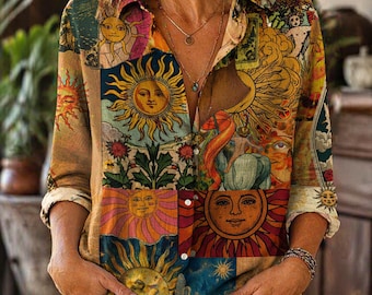 Oversized Linen Sun Print Boho Shirt, Folk Art Floral Blouse