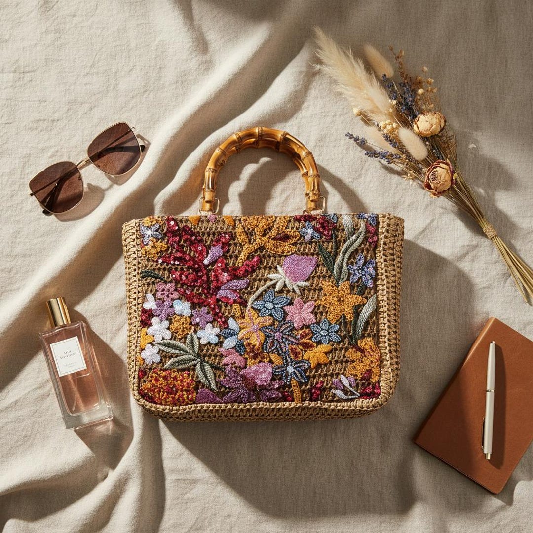 Luxury Embroidered Straw Beach Bag, Floral Sequined Woven Tote, Faux ...