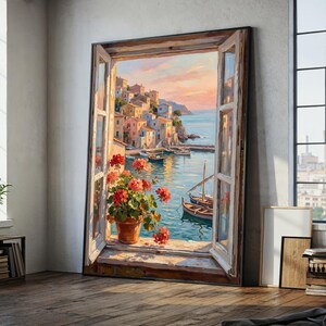 Kustdorp uitzicht vanuit open raam canvas, Middellandse Zeelandschap, bloemenpot met geraniums, klaar om op te hangen, ingelijste muurkunst