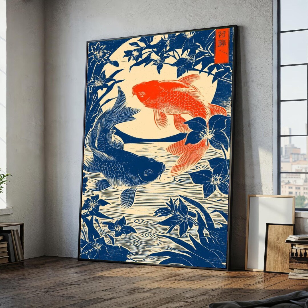 Koi Fish Canvas Wall Art, Japanese Inspired Fish Pond Design, Blue and ...