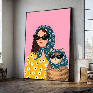 Stylish Woman and Cat Canvas, Retro Headscarf Art, Matching Sunglasses Wall Decor, Modern Pop Art Print, Fun Animal Portrait Canvas