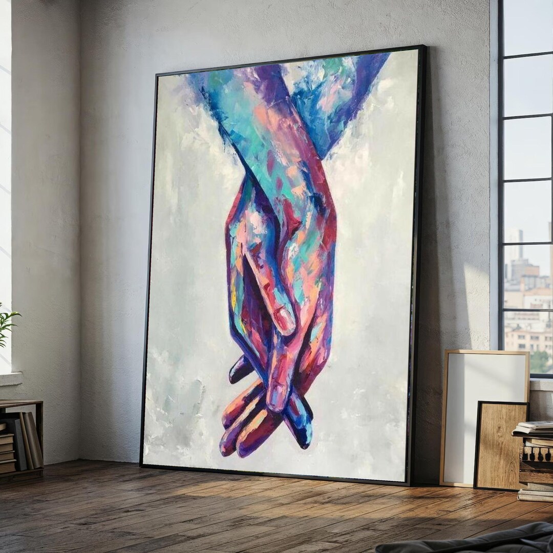 Colorful Holding Hands Canvas, Abstract Human Connection Wall Art ...