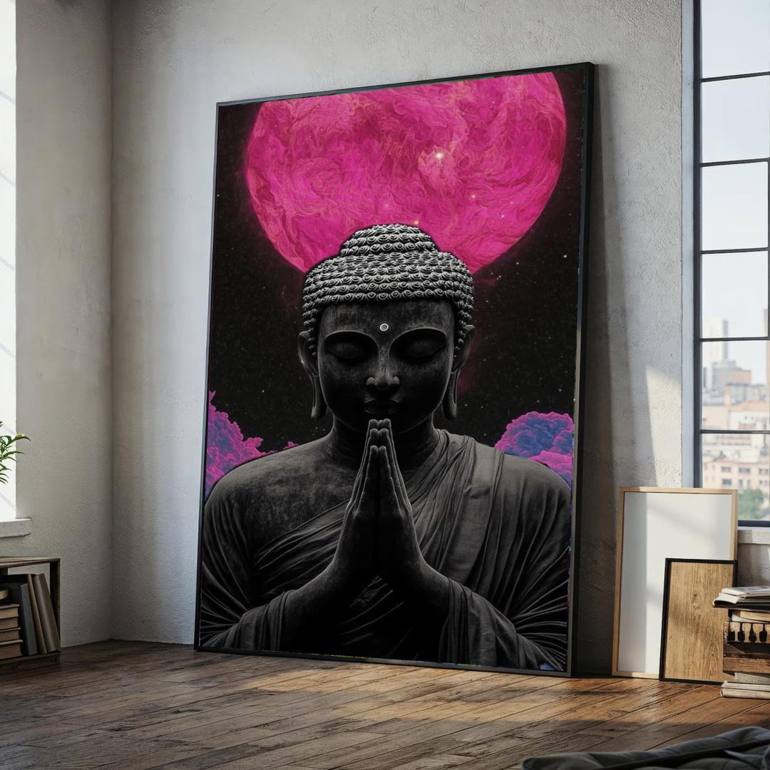 Meditative Buddha Canvas Wall Art, Spiritual Prayer Pose, Cosmic Pink ...