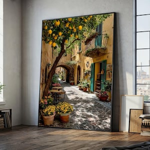 Toile allée méditerranéenne ensoleillée, oeuvre d'art murale citronnier et pots de fleurs, toile scène de rue européenne rustique, décoration de café en plein air confortable