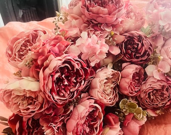 Artificial Dusky Pink Peony Bouquet, 6 Stems with Leaves