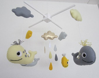 Whales and raindrops Deco Mobile. Choose your colors for an unique baby nursery mobile