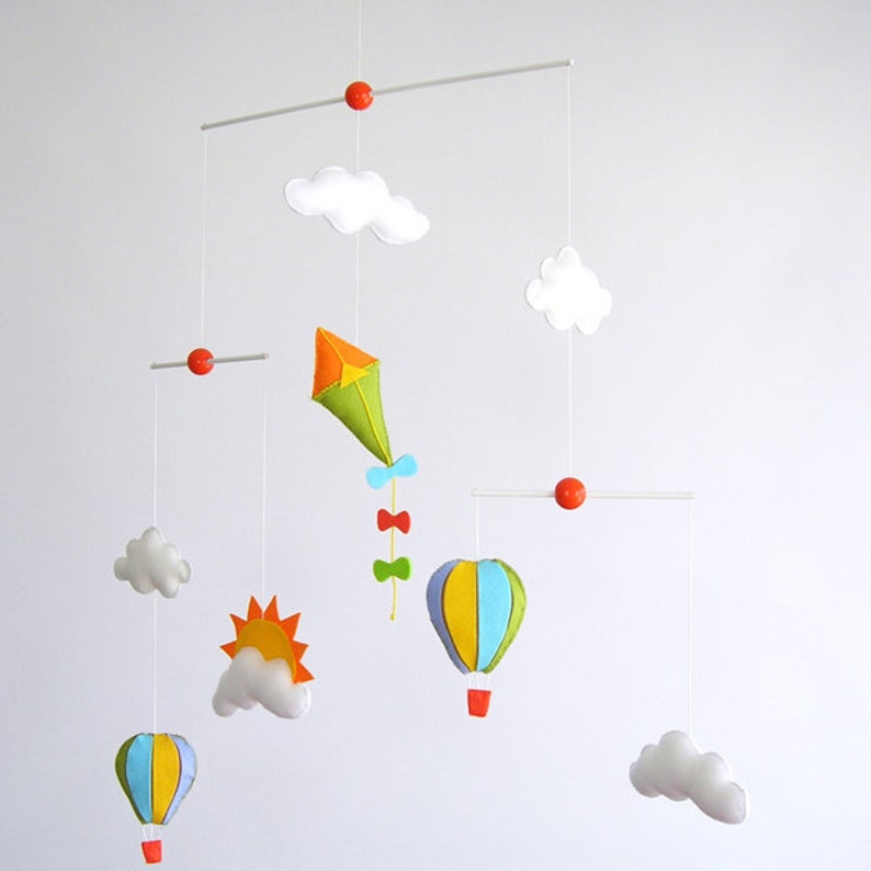 Poetic Flying Kite, air balloon and Clouds, Baby Crib Deco Mobile. Choose your colors for an unique baby nursery mobile image 1