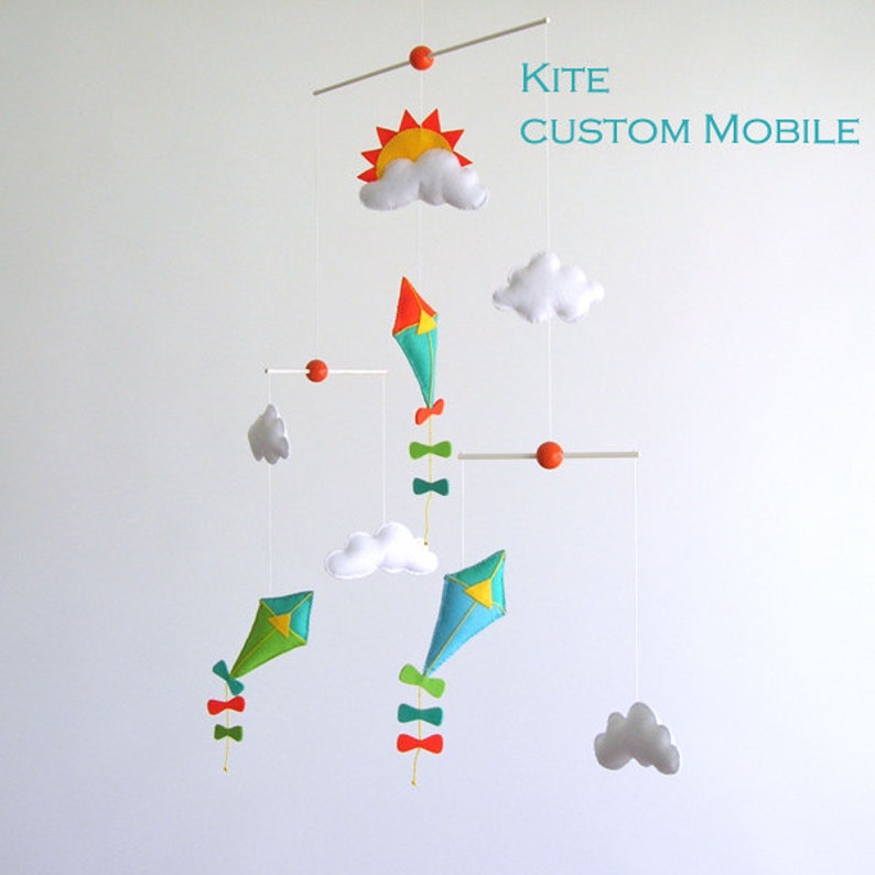 Poetic Flying Kite, air balloon and Clouds, Baby Crib Deco Mobile. Choose your colors for an unique baby nursery mobile image 4