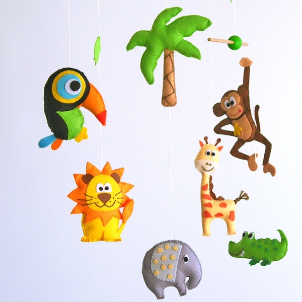 Lovely and Poetic Jungle Safari, Baby Crib Deco Mobile. Choose your colors for an unique baby nursery mobile