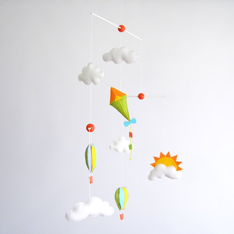 Poetic Flying Kite, air balloon and Clouds, Baby Crib Deco Mobile. Choose your colors for an unique baby nursery mobile image 2