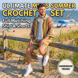 May include: A colorful crochet summer set, including a matching shirt and shorts, is displayed. The set features a vibrant mix of colors, including green, orange, and purple. The text "ULTIMATE SUMMER CROCHET SET" is visible. The set is handmade.