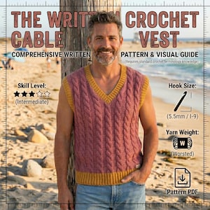 May include: A man wearing a pink and yellow cable crochet vest. The vest has a V-neck and is labeled as an intermediate skill level. The image includes text that says "The Written Cable Crochet Vest Pattern & Visual Guide".
