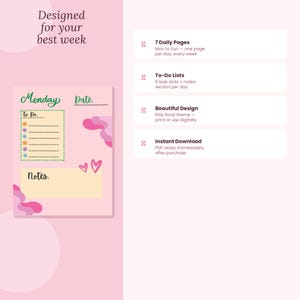 Puede incluir: Un planificador semanal rosa y amarillo con el texto "Designed for your best week". El planificador incluye secciones para "Lunes", "To Do" y "Notas". Texto adicional destaca características como páginas diarias, listas de tareas y descarga instantánea.