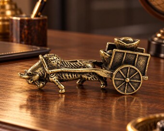 Miniatur-Ochsenkarren aus Messing, Vintage-Schreibtischornament, strukturierte Metallfigur