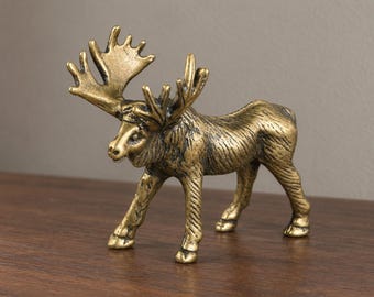 Brass Moose Figurine, Miniature Elk Sculpture, Antique Gold Stag Decor, Woodland Animal Ornament, Rustic Cabin Desk Decor, Wildlife Gift