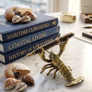 May include: A decorative pen holder in the shape of a bronze lobster holding a black and gold fountain pen. The pen holder sits on a marble surface next to a stack of blue books with gold lettering and seashells.