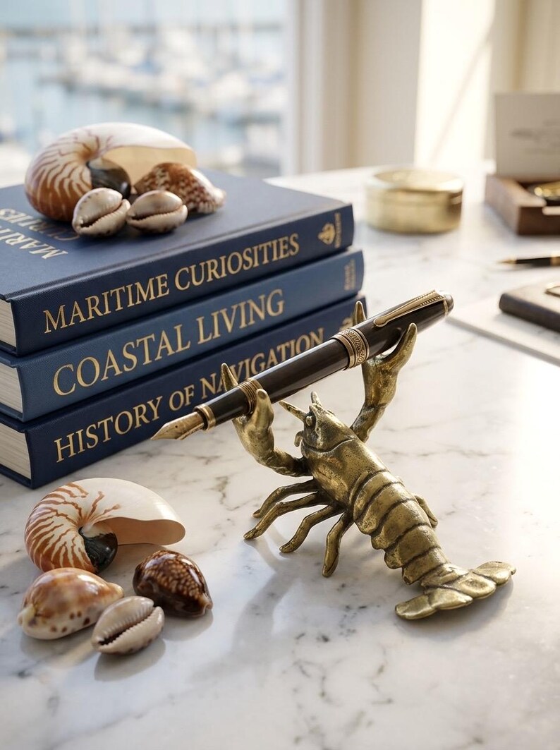 May include: A decorative pen holder in the shape of a bronze lobster holding a black and gold fountain pen. The pen holder sits on a marble surface next to a stack of blue books with gold lettering and seashells.