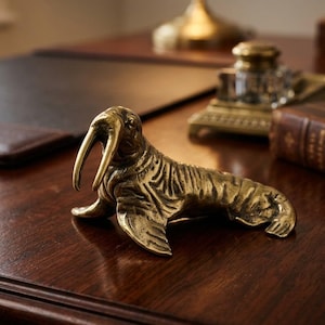 Vintage Solid Brass Walrus Figurine – Aged Nautical Desk Decor Statue
