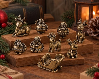 Vintage-Weihnachtsfigur aus Messing, Miniatur-Weihnachtsmann mit Hirsch und Schlitten, antiker Weihnachtsschmuck, festliches Geschenkset mit 9 Figuren für das Weihnachtsregal