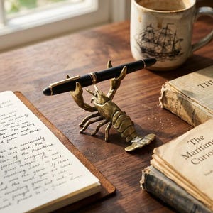 May include: A black fountain pen rests in a brass lobster pen holder on a wooden desk. Beside it are vintage books, a coffee mug with a ship design, and a leather notebook with handwritten text. The scene evokes a nautical theme.