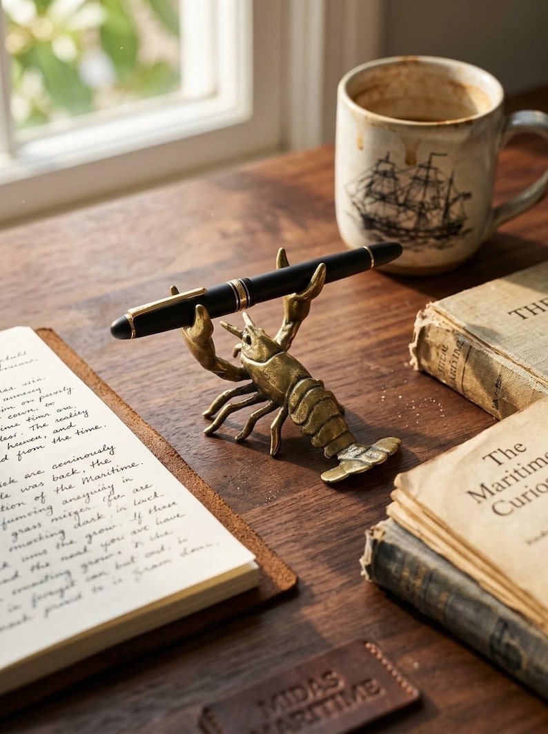 May include: A black fountain pen rests in a brass lobster pen holder on a wooden desk. Beside it are vintage books, a coffee mug with a ship design, and a leather notebook with handwritten text. The scene evokes a nautical theme.