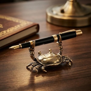 Op de afbeelding: Een zwarte en gouden vulpen rust in een krabvormige pennenhouder. De pennenhouder is gemaakt van messing en staat op een houten bureau. Een leren notitieboek en een messing bureaulamp staan op de achtergrond.