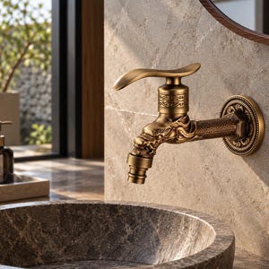 Könnte beinhalten: Ein wandmontierter Messingwasserhahn mit einem verzierten Drachenkopfdesign am Auslauf, einer texturierten Hammerschlagoberfläche am Rohr und einer dekorativen runden Basisplatte. Der Griff ist geschwungen und mit komplexen geometrischen Mustern versehen.