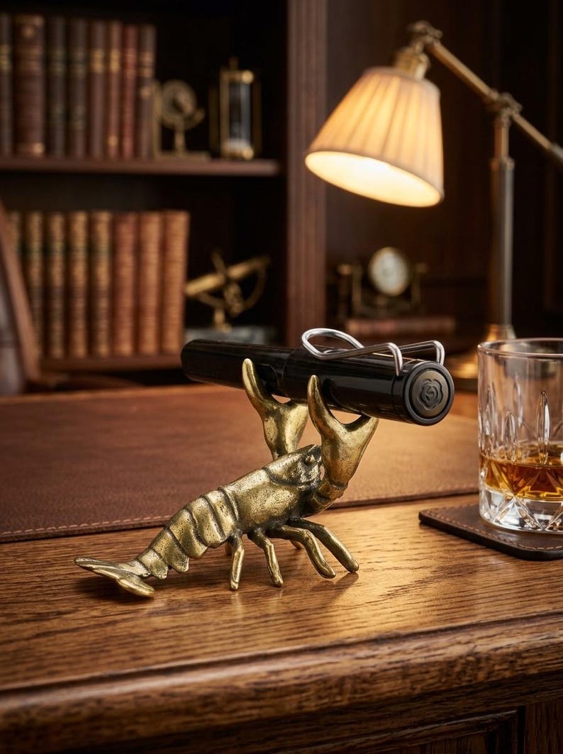 May include: A brass-colored pen holder shaped like a lobster, holding a black pen. The pen holder sits on a wooden desk, with a lamp and a glass of amber liquid in the background. The pen has a silver clip.