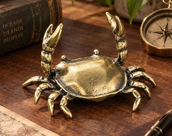 Figura vintage de cangrejo en tono latón, adorno de escritorio náutico costero, portalápices, regalo.
