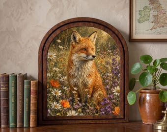 Rustic Red Fox in Wildflower Meadow Wall Art, Countryside Wildlife Painting in Arched Wood Frame, Country Home Decor, Nature Lover Gift