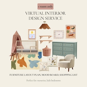 Puede incluir: Anuncio de un servicio de diseño de interiores virtual, que presenta un diseño de guardería con una cuna, una cómoda y obras de arte. La imagen incluye una alfombra, cojines y una silla, con texto que indica planos de diseño de muebles y mood boards.