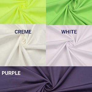 Può includere: Immagine di campioni di tessuto in sei colori: giallo neon, verde neon, crema, bianco e viola. Ogni campione di tessuto è a spirale, con il nome del colore in grassetto bianco sopra. Ideale per progetti tessili o artigianali.