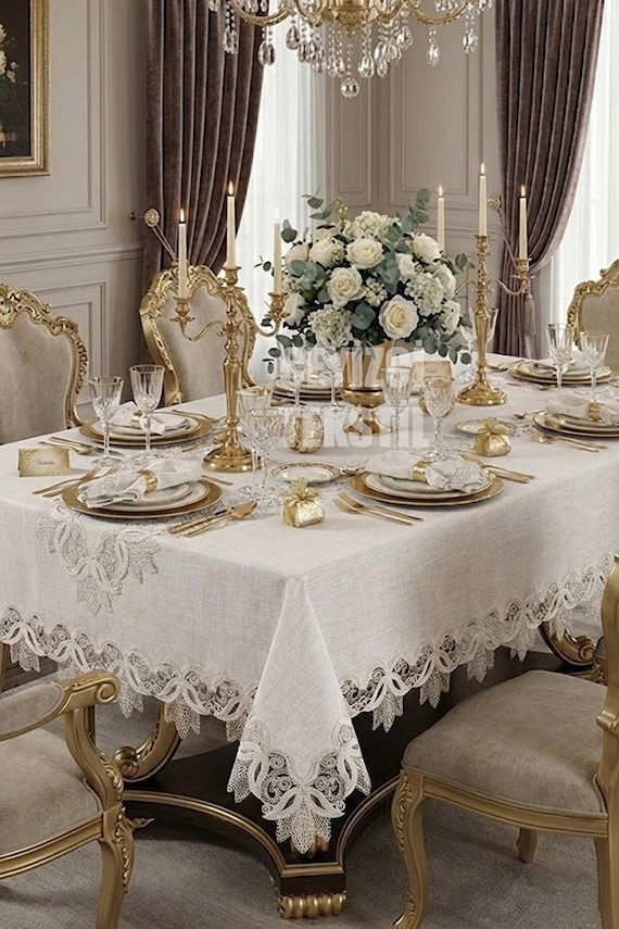 Französische Tischdecken-Set, Ecru-Gold-Spitze, schmutzabweisendes Polyester, 160 x 102 cm Leinen