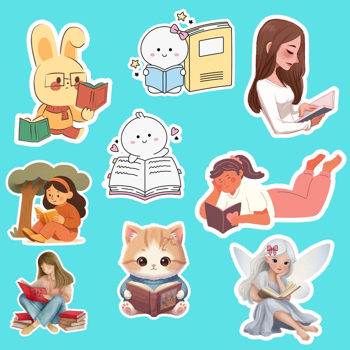 Cozy Reading Stickers Bundle | Kawaii Book Lover Pngs (digital Download ...