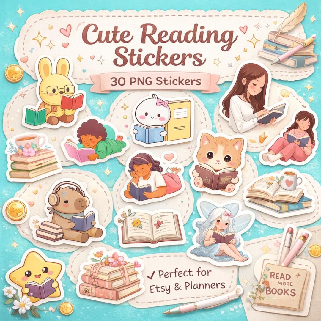 Cozy Reading Stickers Bundle | Kawaii Book Lover Pngs (digital Download ...