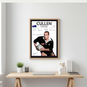 Puede incluir: Impresión enmarcada que presenta a Cullen Christian, jugador de rugby, con uniforme negro, sosteniendo un balón de rugby. La impresión incluye la bandera de Nueva Zelanda, detalles del jugador y una firma. En un escritorio de madera clara.