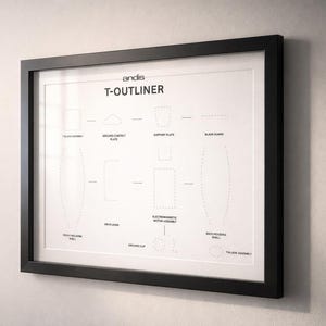 May include: A framed diagram of the Andis T-Outliner, mounted on a wall. The black frame surrounds a white diagram with dotted lines and labels such as "Blade Guard" and "Electromagnetic Motor Assembly". The Andis logo is at the top.