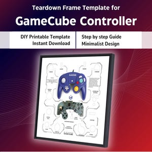 Puede incluir: Una impresión enmarcada que presenta un mando de GameCube desmontado. La impresión incluye los componentes del mando, un mando azul y una placa de circuito verde. El texto en la impresión dice "Teardown Frame Template for GameCube Controller" y "DIY Printable Template Instant Download".