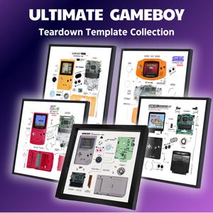 Peut inclure: Impressions encadrées présentant des consoles Game Boy démontées. Les impressions présentent divers modèles de Game Boy de différentes couleurs, dont le jaune, l'orange, le rouge et le gris. Chaque impression affiche les composants de la console, avec le texte "ULTIMATE GAMEBOY Teardown Template Collection" en haut.