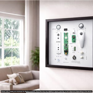 Può includere: Un display incorniciato con controller e componenti di videogiochi smontati. La cornice nera circonda uno sfondo bianco con i controller e le parti disposte in un layout diagrammatico. L'immagine include il testo: "Please note: Images are mockups for display purposes."