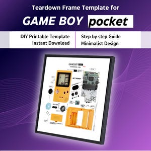Peut inclure: Une impression encadrée présentant un schéma de démontage d'une Game Boy Pocket. Le diagramme montre les composants démontés de la console portable, y compris l'écran, la carte de circuit imprimé et les boutons. Le texte comprend "GAME BOY pocket".