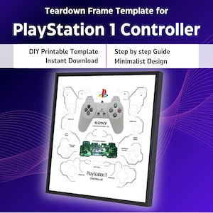 May include: A framed teardown template for a PlayStation 1 controller. The design includes a white controller outline, internal components, and the PlayStation logo. The frame is black, and the background is a gradient of purple and blue.