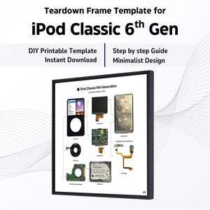 May include: A framed print featuring a teardown diagram of an iPod Classic 6th Gen. The diagram shows the internal components, including the screen, logic board, and hard drive. Text includes "DIY Printable Template" and "Instant Download."