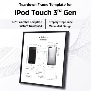 May include: A framed print featuring a teardown template for an iPod Touch 3rd Gen. The design includes diagrams and outlines of the device, with the text "DIY Printable Template" and "Instant Download". The frame is black.
