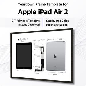Peut inclure: Une impression encadrée présentant un modèle de démontage pour un Apple iPad Air 2. La conception comprend un écran d'iPad noir, un dos d'iPad argenté et des schémas des composants internes. Le texte comprend "DIY Printable Template" et "Step by step Guide".