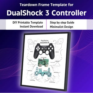 May include: A framed print featuring a teardown template for a DualShock 3 controller. The design includes a black controller, circuit board, and other components, with the text "DIY Printable Template" and "Instant Download". The background is a gradient of purple and blue.