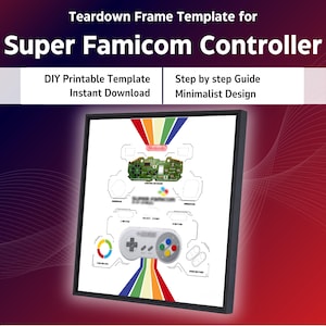 Könnte beinhalten: Gerahmter Druck mit einer Super Famicom Controller-Zerlegungsvorlage. Das Design umfasst ein Controller-Diagramm, eine Leiterplatte und den Text: "DIY Printable Template, Instant Download, Step by step Guide, Minimalist Design."
